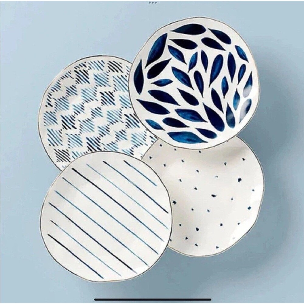 Lenox China BLUE BAY Dessert Plates  6 1/4” Set of 4 Blue White Mixed Bread NEW